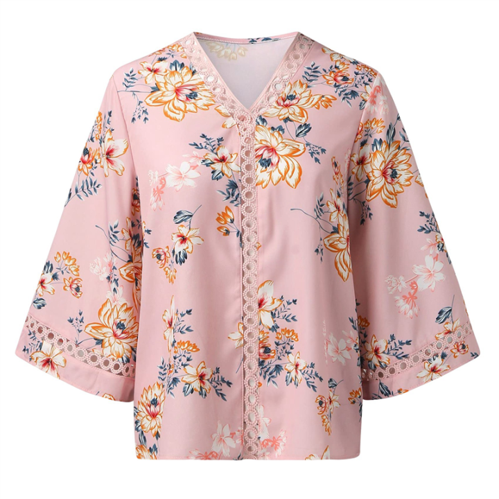 3/4 Length Sleeve Womens Tops Pink XXL