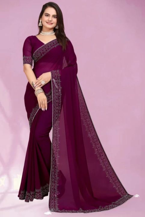 Fashionable%20Embellished%20Purple%20Georgette%20Silk%20Blend%20Saree%20For%20Women%20With%20Lace%20Banglori%20Blouse%20(Unstitched)%20-%20Image%203