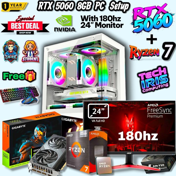 Transparent Powerful Ryzen 7 5700X Pairs RTX 5060 8GBGraphics/24" 180hz Monitor, 8/16GB RGB DDR4 RAM/ 750Watt 80+Bronze PSU Best Performance Gaming PC