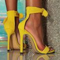 Stylish Yellow Knotted High Heels – Open Toe Ankle Strap Sandals for Women. 