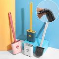 Flat Toilet Brush with Holder Silicone Toilet Bowl Cleaner Brush with Caddy Flexible Non-scratch TPR Bristles for Bathroom Easy Under Rim Cleaning. 