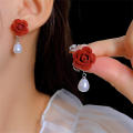 red Vintage earrings Delicate Fashionable design earrings Water drop shape Elegant Rose flower earrings for Party Wedding Casual wear Gift for women Fashion accessory. 