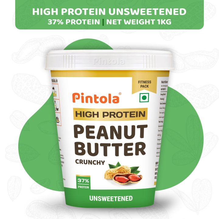 Pintola High Protein All Natural Crunchy Peanut Butter | Unsweetened | 37% Protein | Imported Whey Protein and Roasted Peanuts (Crunchy, 1kg)