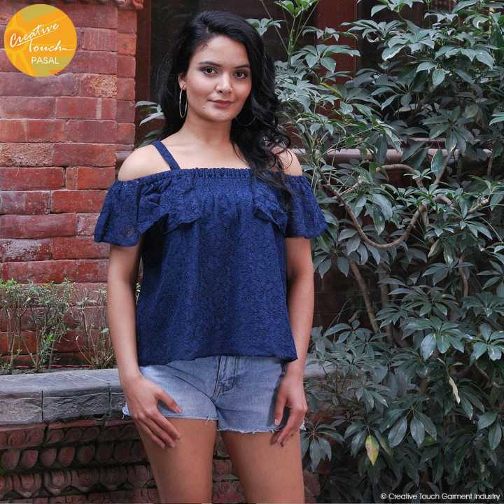 Creative Touch Beige Net Designed Off Shoulder Top For Women WTP4730
