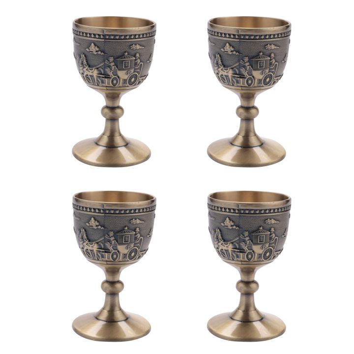 4X Classical Metal Wine Cup Handmade Small Goblet Household Copper Wine Glass Carving Pattern