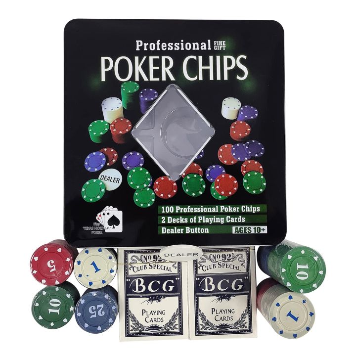 Professional  Chips, 100 Pcs Dual-Toned  Chips with Case, 2 Decks of Cards + 1 Dealer Button (10+ Years, Multicolor)