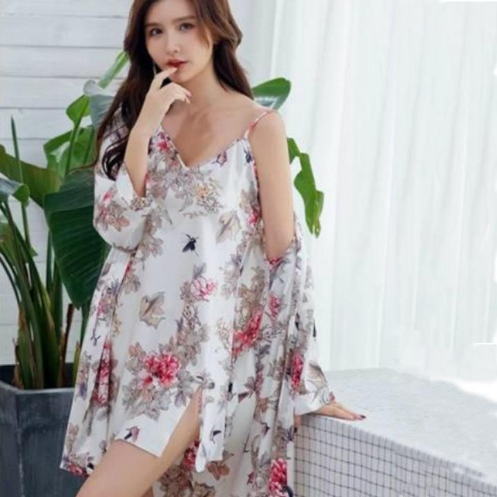 Floral Satin Chemise With Wrapper Nightwear - Ns4221640