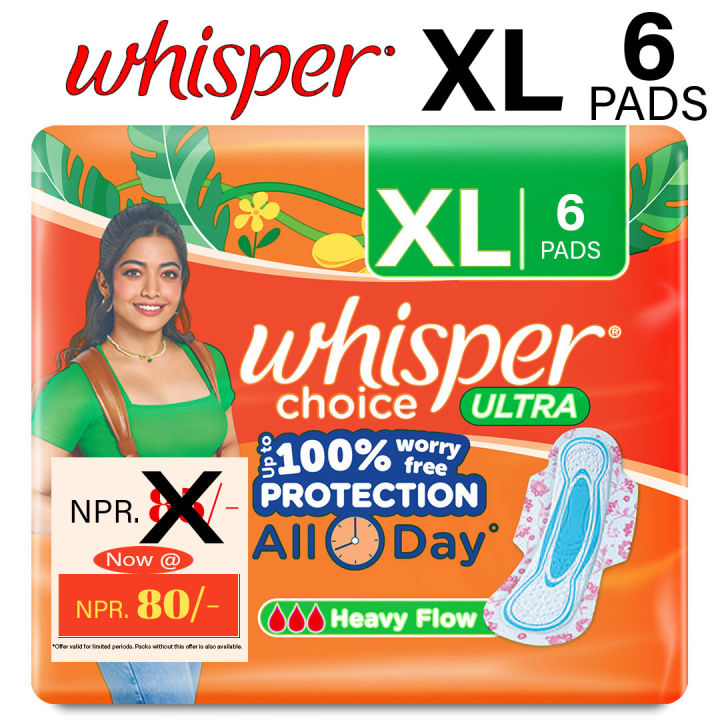 Whisper Choice Ultra Sanitary 6 Pads, XL With Wings
