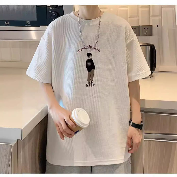 FUIV%20Heavy%20Waffle%20Short%20Sleeve%20T-Shirt%20Men's%20Summer%20Fashion%20Brand%20Loose%20Men's%20Hong%20Kong%20Style%20Plus%20Size%20Print%20Five-and-a-half%20Sleeves%20-%20Image%203