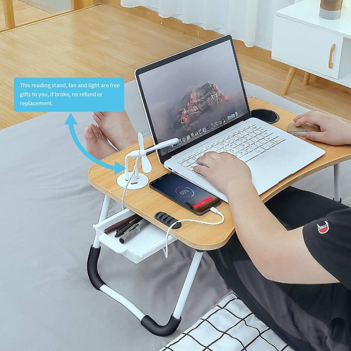 Lap Desk Bed Tray Table, Foldable Bed Desk For Laptop, Stand Bed Table With Usb Charging Port/cord Organizer/storage Drawer/reading Stand/cup Holder, Laptop Desk For Bed Couch, Eating/working/writing
