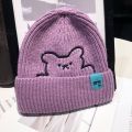 Fashion Winter Warm Knitted Cap Soft Thick Slouchy Bonnet Bear Embroidery Solid Color Leisure Cap for Men Women. 