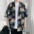 Tookss Men Shirt Cotton Blended Retro Style Floral Printed Short-sleeved Hawaiian Seaside Beach Couple T-shirt color. 