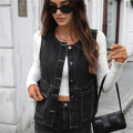 Women'S Denim Vest Mid Long Jean Vest Sleeveless Jackets Distressed Vest Black Grey L. 
