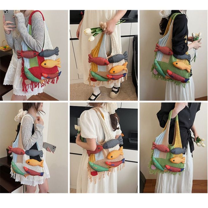 New Little Fish Shoulder Bag Handmade Large Capacity Versatile Tote Bag Summer Cotton Cute Relaxed Knitted Bag Casual Outing