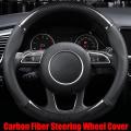 Black Carbon Fiber Leather Stitching Steering Wheel Cover Anti-Slip 38cm 15". 
