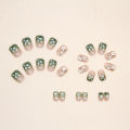 24Pcs Spring Lovely Short Green Flower Fake Nails with Glue DIY Art Design False Nails Wearable Nails Stylish Pattern Artificial Nails. 