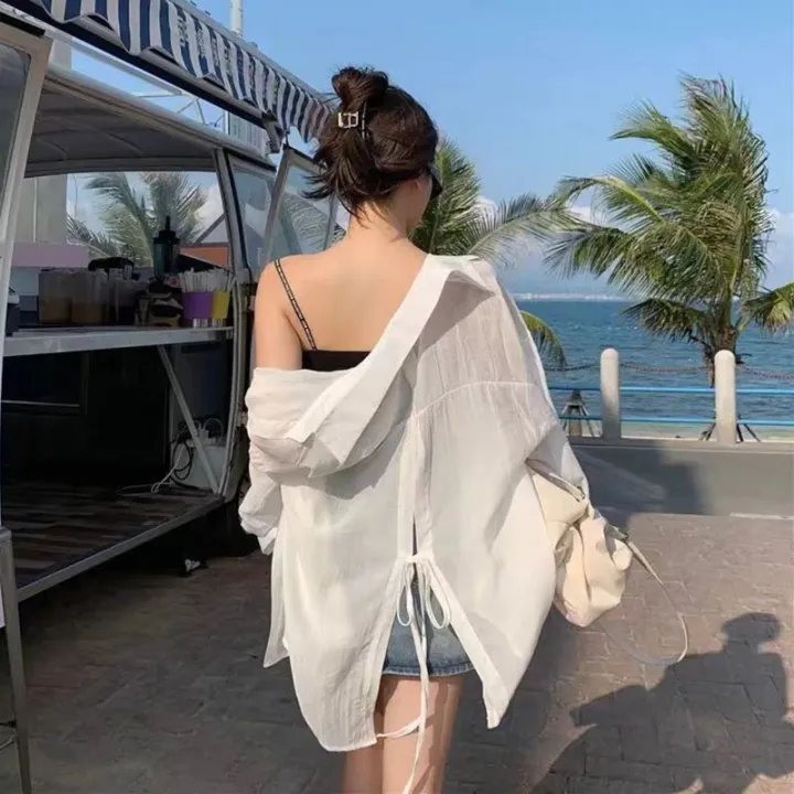 Thin%20Long%20Sleeve%20Sunscreen%20Shirt%20Woman%20Korean%20Fashion%20Back%20Split%20Lace%20Up%20White%20Shirts%20Women%20Casual%20Loose%20Holiday%20Beach%20Blouse%20-%20Image%202