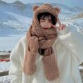 3 In 1 Hat Scarf Gloves Set Winter Warm Cute Bear Ears Plush Hoodie For Girl. 