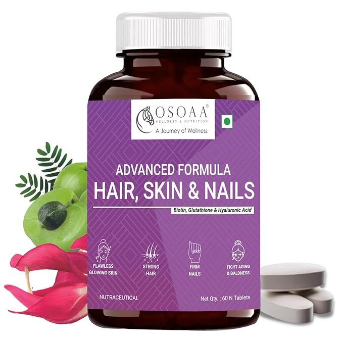OSOAA Advance Formula Hair Skin & Nails With Biotin, Glutathione And  Hyaluronic Acid, 100% RDA Of Vitamin C, E & Iron, 5 (60 Tablet)