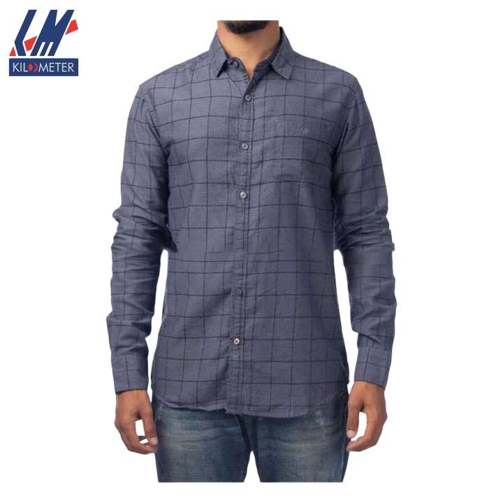 KILOMETER Dark Grey  Checkered Casual Full Shirt For Men - 020