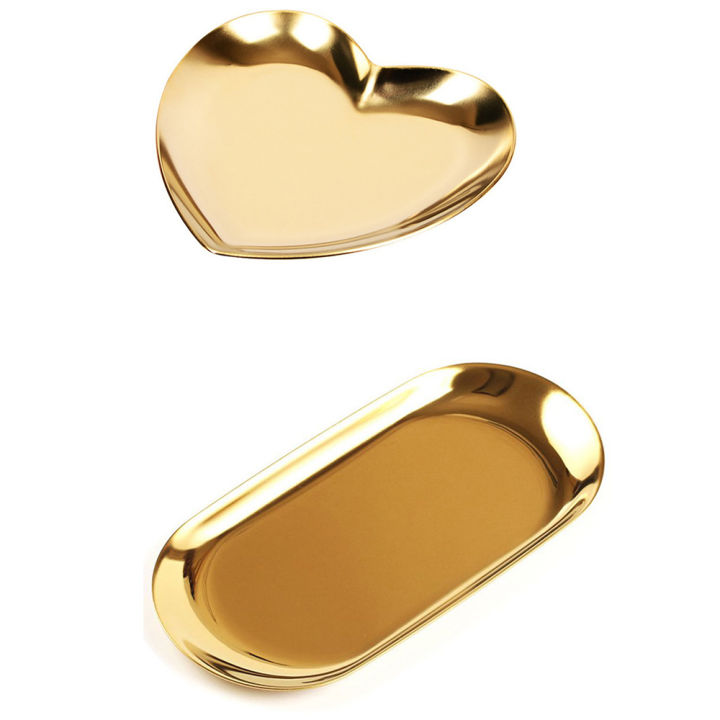 (GGBR) Metal Storage Tray Gold Oval Dotted Fruit Plate & Heart Shaped Jewelry Serving Plate Metal Tray Gold