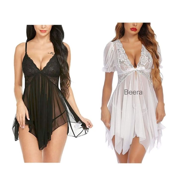 Combo Set of Nightwear Babydoll Lingerie Women's Babydoll Nightwear  Honeymoon Lingerie Babydoll Lace Sleepwear Free Size Black and White Color