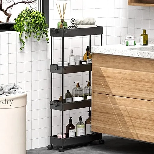 Multipurpose Slim Space Saver Storage Organizer Rack in 3/4 Basket Layers Trolley Rack Ideal for Shelving, Toilet, Kitchen, Bedroom, Cosmetic, Fruit, Vegetable Bathroom Rack, Kitchen Rack with Wheels