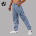 Wraon Light Blue Solid Premium Denim Cargo Jeans Pant For Men - Fashion | Pants For Men | Men's Wear | Cargo Pants |. 