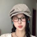 Casual Cotton and Linen Striped Berets Y2k Japanese Octagonal Hat British Cap Short Brim Painter Caps Daily. 