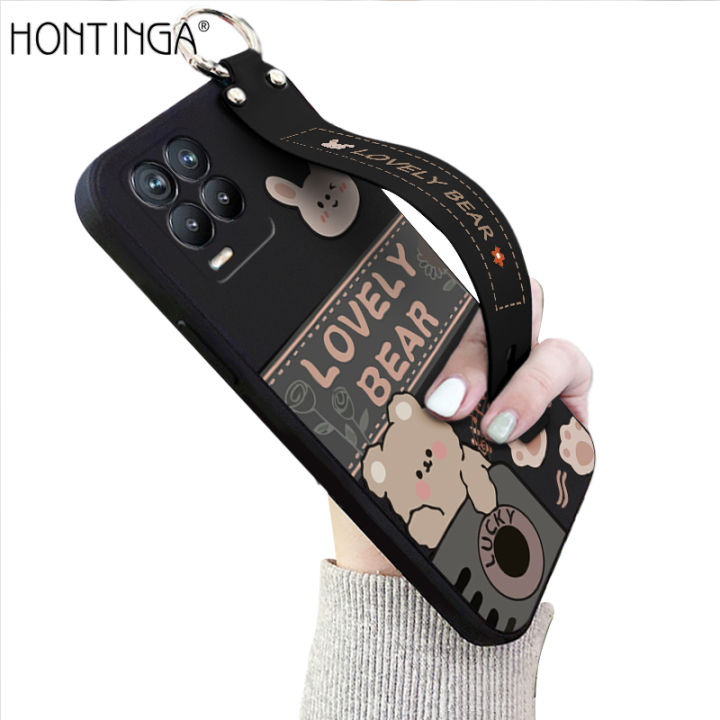 Hontinga for Realme 8 4G 8 Pro Back Cover Wrist Strap Cute Bear Printed Square Liquid Silicone Phone Case