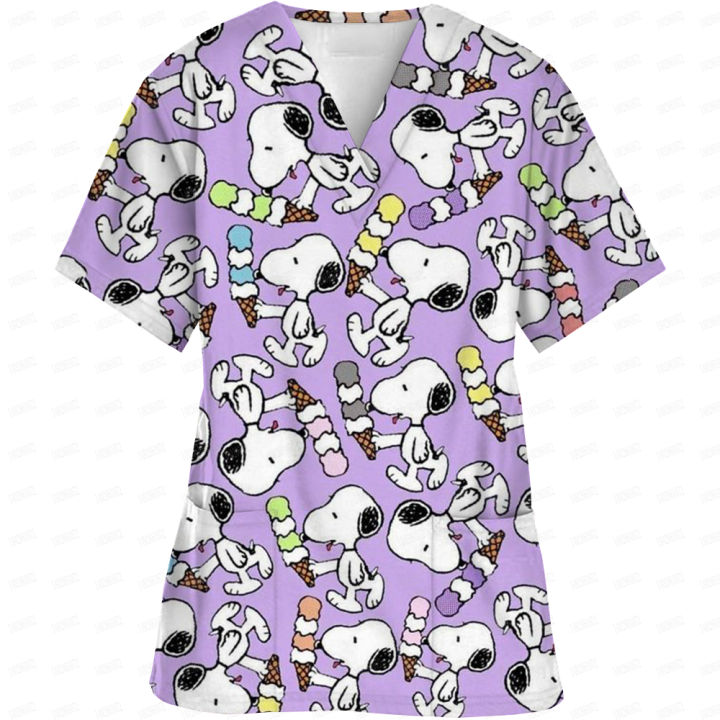 Surgical Wear Work Clothes Cartoon Snoopy print Hand Washing Nurse Uniform Women's V Neck Short Sleeve T-Shirt Tops