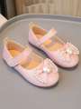 1 Pair Girls Flat Shoes, Pink Comfortable Versatile Hook And Loop Bow Ballerina Dance Shoes. 