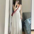 Elegant High-Waist Sling Dress Pleats Spaghetti Strap Beach Dress Sweet Women Clothing Summer. 