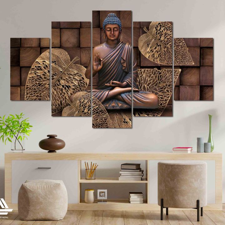 Lord Buddha 5 Panel Canvas | Wall | Home Decor | Canvas | Wall Art With Frame Inside By Etraders Nepal