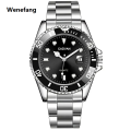 Wenefang 1pc Luxury Men Silver Stainless Steel Water Fashion Proof Automatic Luminous Bezel Mens Watches. 