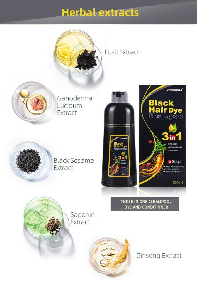 Meidu 3-in-1 Permanent Black Hair Dye Shampoo — 500ml, All-Natural Herbal Formula For All Hair Types
