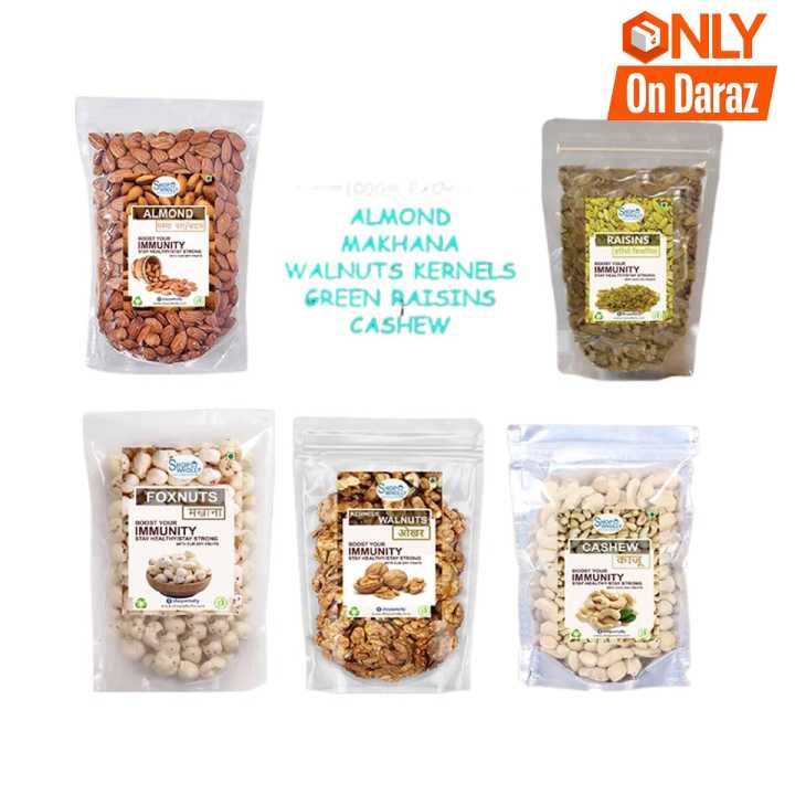 SHOP WHOLLY Combo Pack of Almond, Cashew, Green Raisains, Walnuts Kernels& Makhana 100gm Each