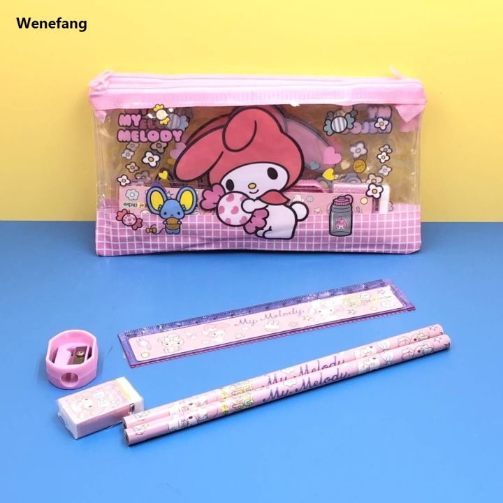 Wenefang%206pcs/set%20Anime%20Sanrio%20Melody%20Kuromi%20Stationery%20Set%20Cinnamoroll%20Luxury%20Student%20Cartoon%20Pencil%20Eraser%20Ruler%20Pen%20Bag%20Storage%20Set%20School%20-%20Image%205