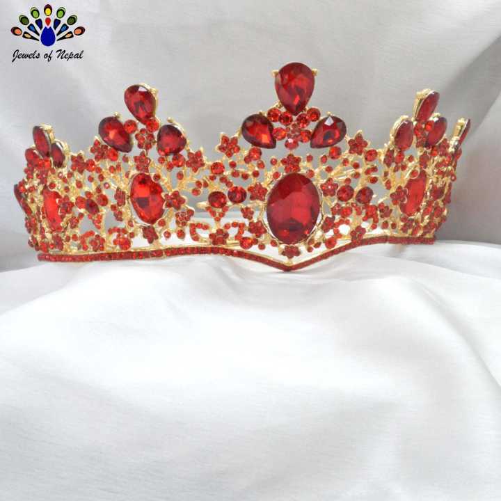Jewels of Nepal Golden Red Faux Crystal Studded Stunning Bridal Crown/Hair Embellishment For Women