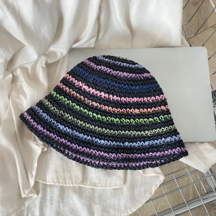 Fashion%20Summer%20Beach%20Straw%20Cap%20Women's%20Striped%20Rainbow%20Sun%20hat%20Handmade%20Wide%20Brimmed%20Bucket%20Hat%20Girls%20-%20Image%209