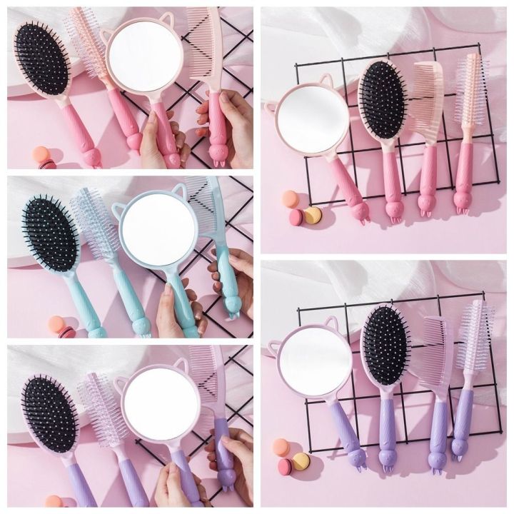 4pcs/set Hair Care Styling Tools Candy Colors Massager Comb Mirror Set Anti-slip Soft Makeup Mirror Hairbrush Set Cute Rabbit Design Cartoon Handheld Mirror Comb Set Travel