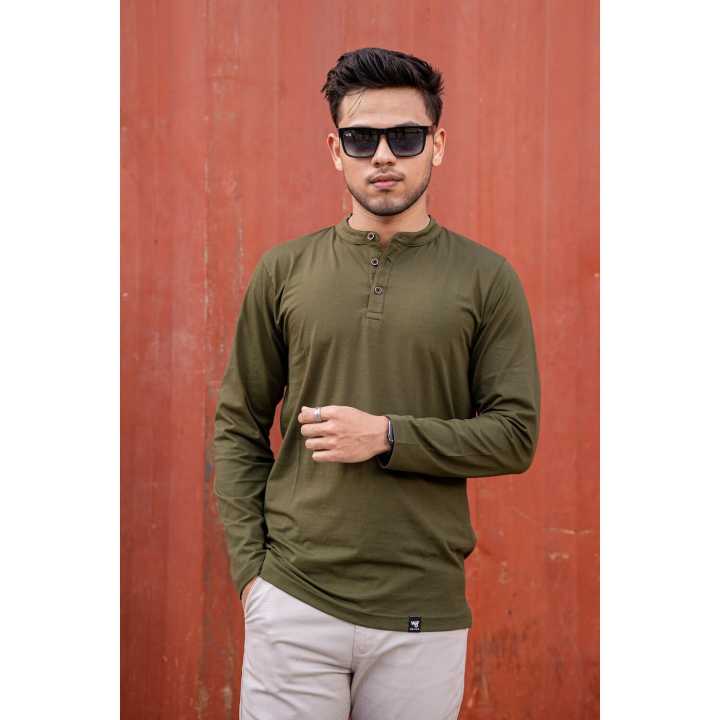 We5 Olive Green Full Sleeve Henley T-shirt For Men