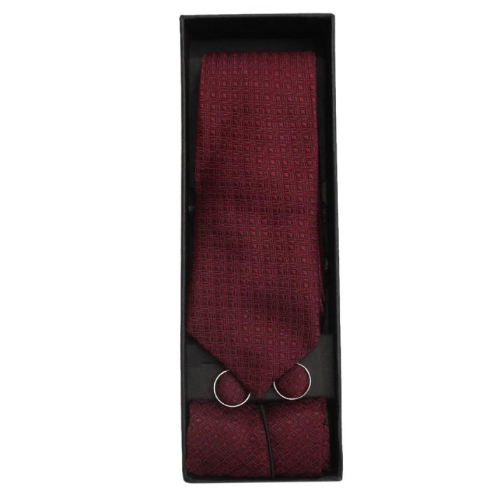 Maroon Neck Tie With Cufflinks And Pocket Square For Men