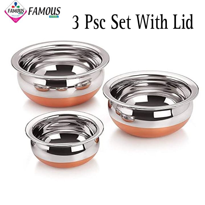 Copper Bottom Stainless Steel Handi Set With Lid- Set Of 3