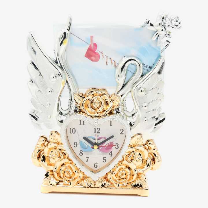 Golden And Silver Colour Swan Design Clock With Photo Frame Attached Gift Decorative
