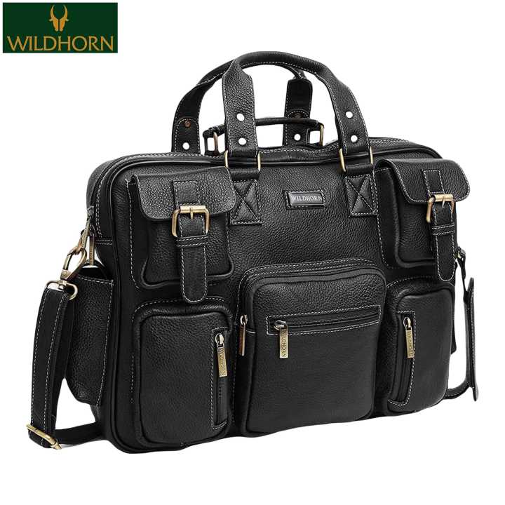 WILDHORN Nepal Leather 16.5 in Laptop Briefcase for Men (MB 601 Black)