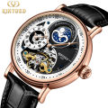 Kinyued brand fashionable luxury dual time zone moon phase leather waterproof automatic mechanical men's watch. 