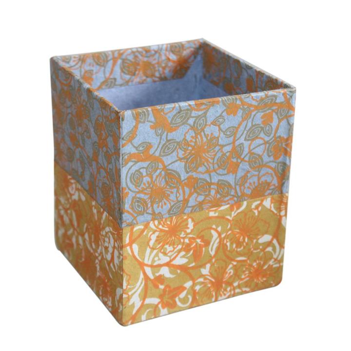 Blue/Orange Floral Printed Box Shape Pen Holder