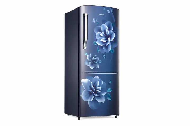 Samsung%20192L%204-Star%20Inverter%20Direct%20Cool%20Single%20Door%20Refrigerator%20with%20Base%20Stand%20Drawer,%20Camellia%20Blue%20Floral%20Finish,%20Toughened%20Glass%20Shelves,%20and%20Chrome%20Bar%20Handle%20(Model:%20RR20C2722CU/IM)%20-%20Image%202
