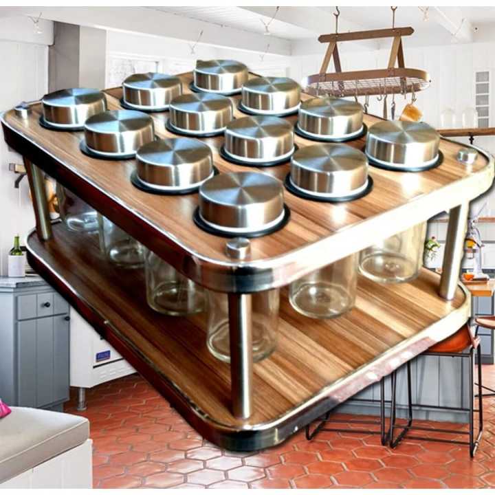 12-Jar Revolving Spice Rack Masala Box - Wooden Finish